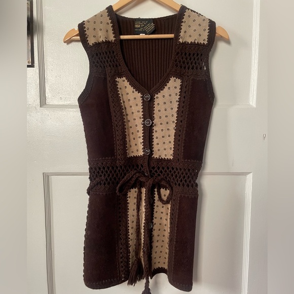 High Fashion Tops - Vintage crocheted vest with leather details-Small